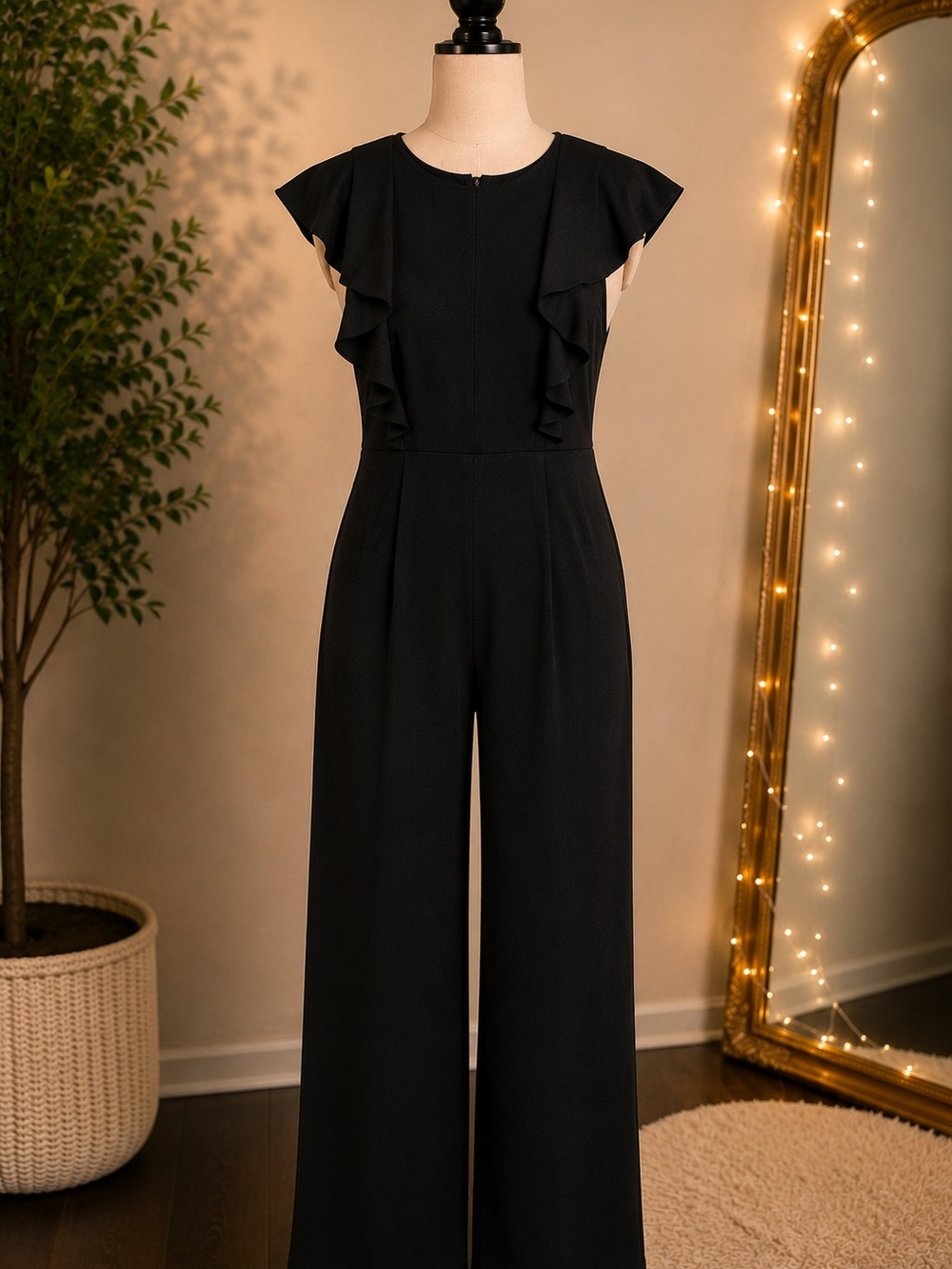 Black Ruffle Sleeve Wide-Leg Jumpsuit